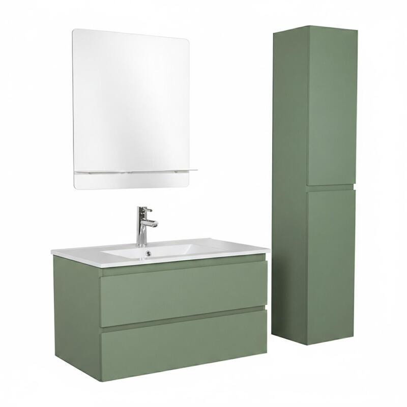 Ensemble meuble simple vasque 80cm avec plan céramique, robinet, miroir et colonne