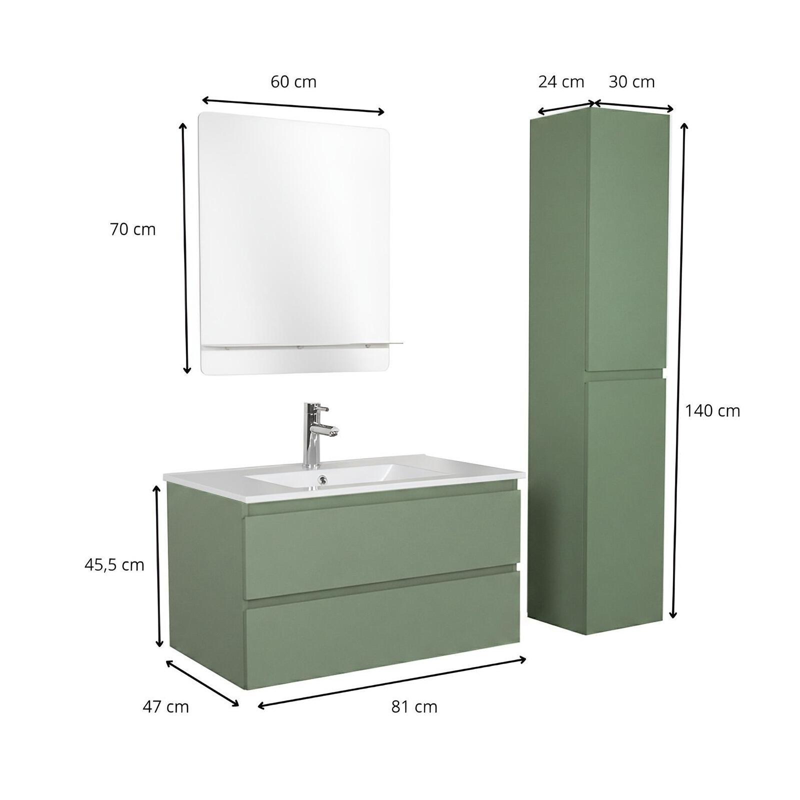 Ensemble meuble simple vasque 80cm avec plan céramique, robinet, miroir et colonne