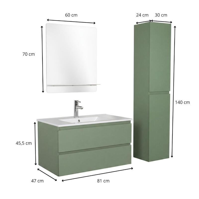 Ensemble meuble simple vasque 80cm avec plan céramique, robinet, miroir et colonne