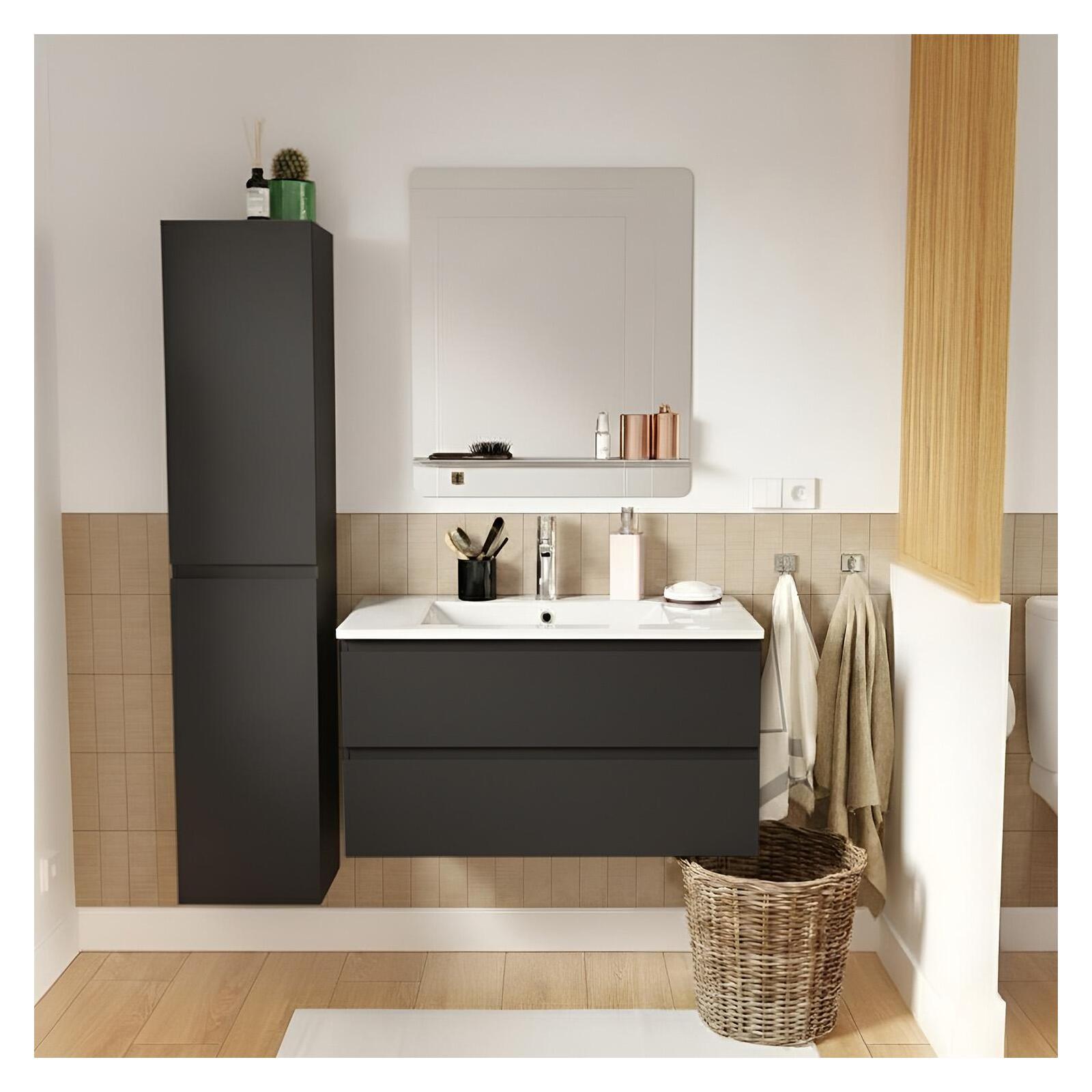 Ensemble meuble simple vasque 80cm avec plan céramique, robinet, miroir et colonne