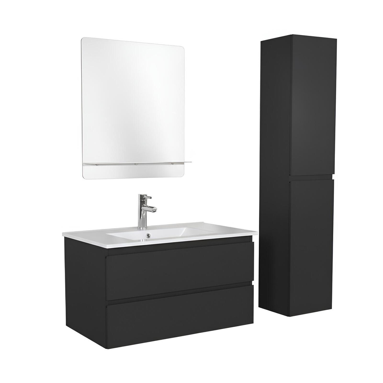 Ensemble meuble simple vasque 80cm avec plan céramique, robinet, miroir et colonne
