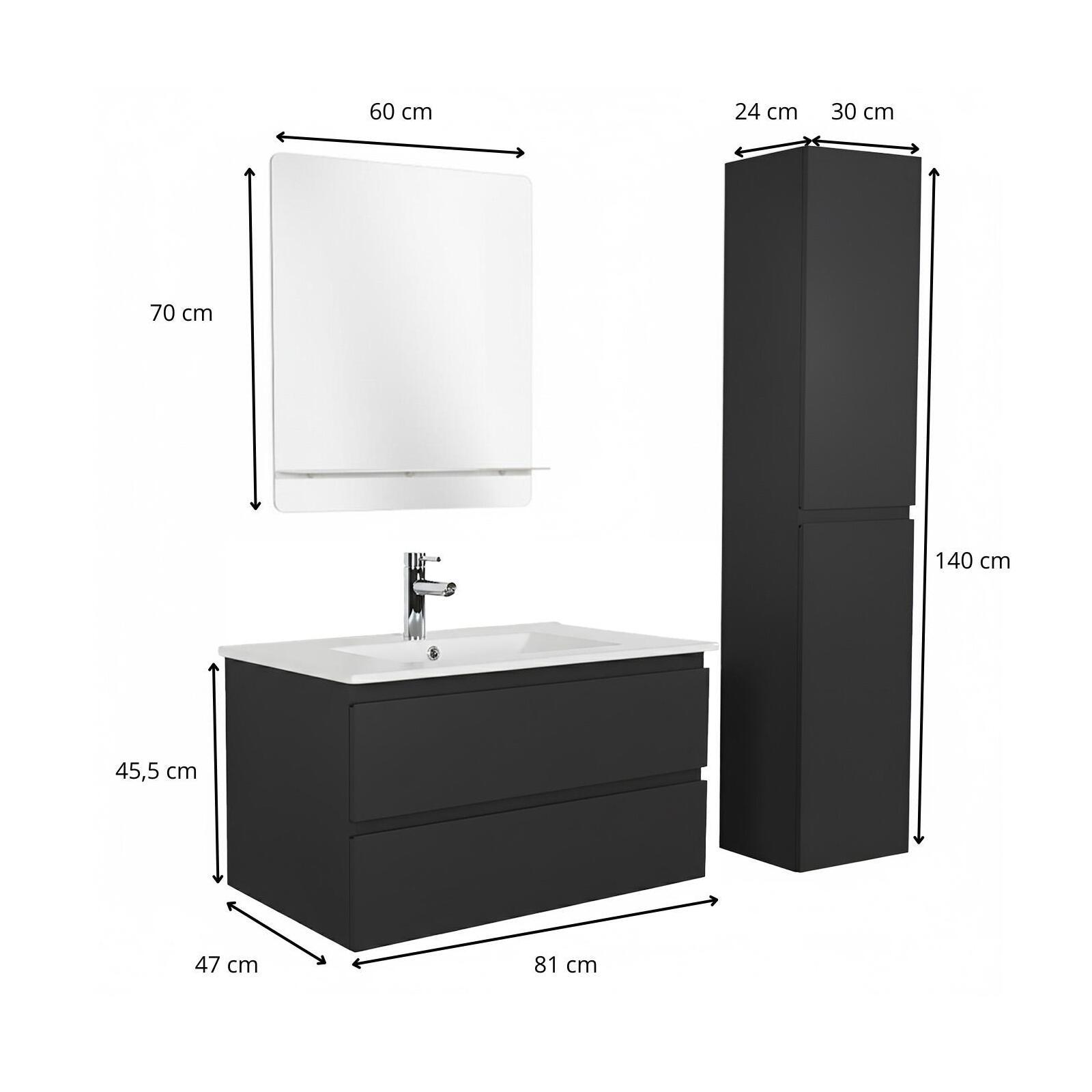 Ensemble meuble simple vasque 80cm avec plan céramique, robinet, miroir et colonne