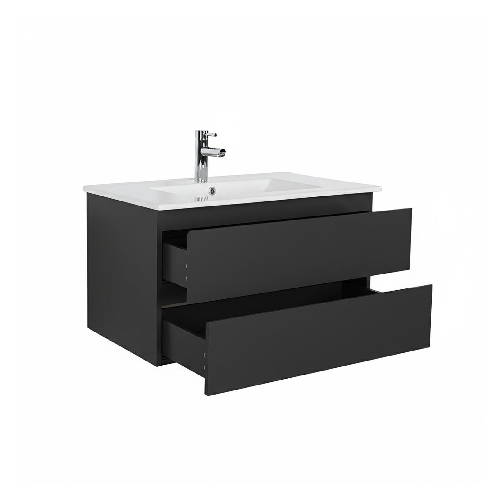 Ensemble meuble simple vasque 80cm avec plan céramique, robinet, miroir et colonne