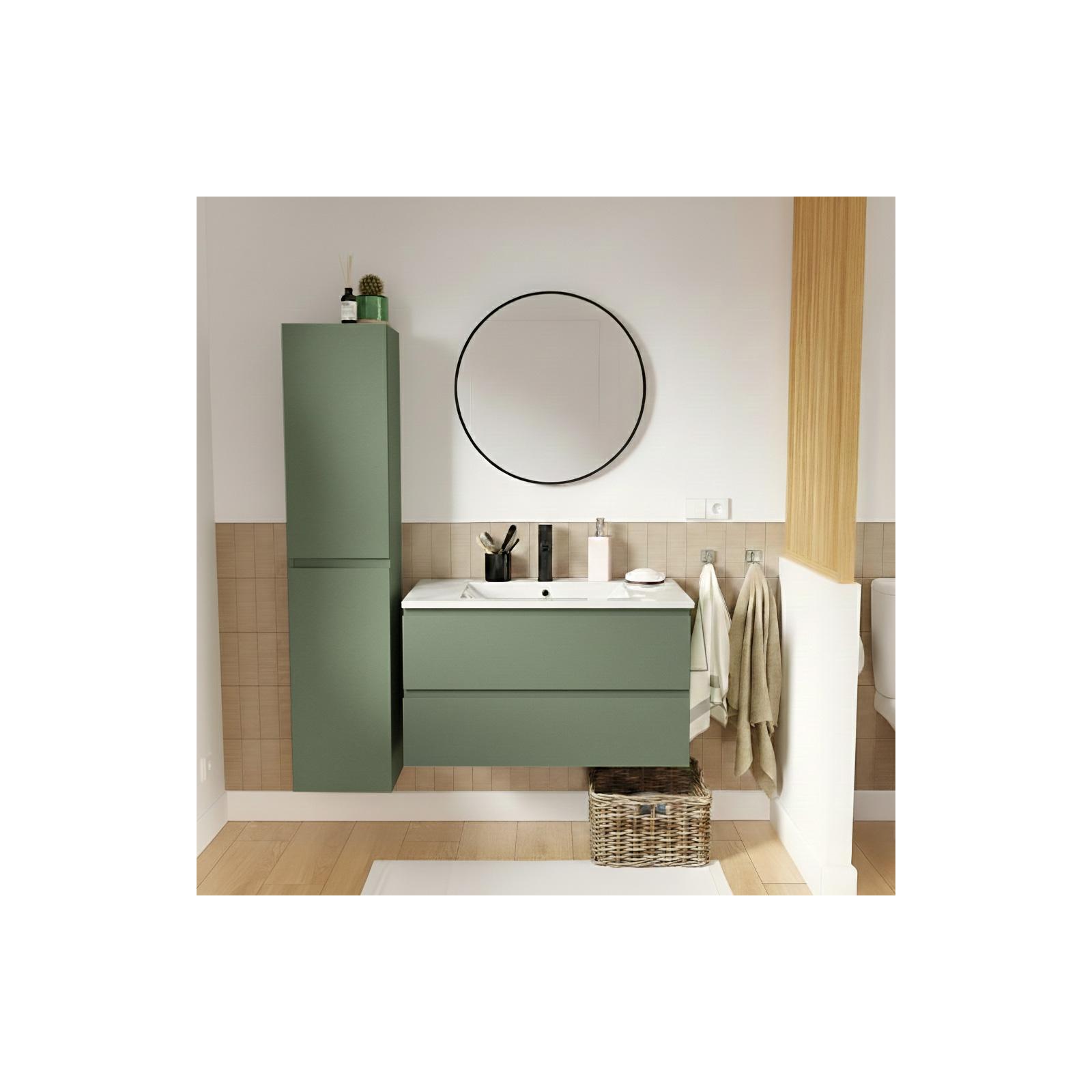 Ensemble meuble simple vasque 80cm avec plan céramique, robinet, miroir et colonne