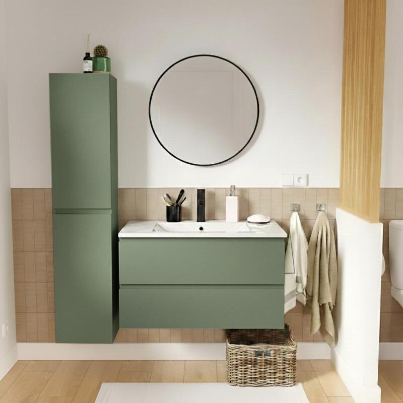 Ensemble meuble simple vasque 80cm avec plan céramique, robinet, miroir et colonne