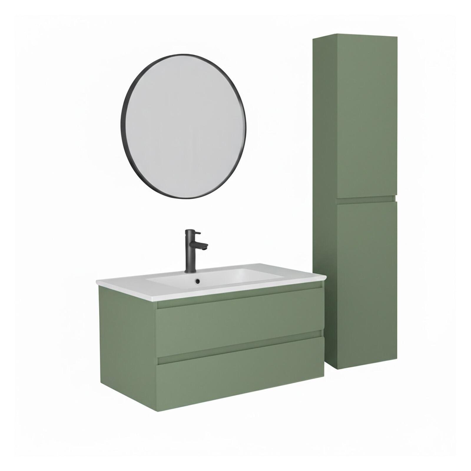 Ensemble meuble simple vasque 80cm avec plan céramique, robinet, miroir et colonne