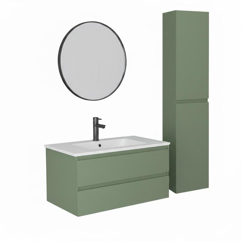 Ensemble meuble simple vasque 80cm avec plan céramique, robinet, miroir et colonne