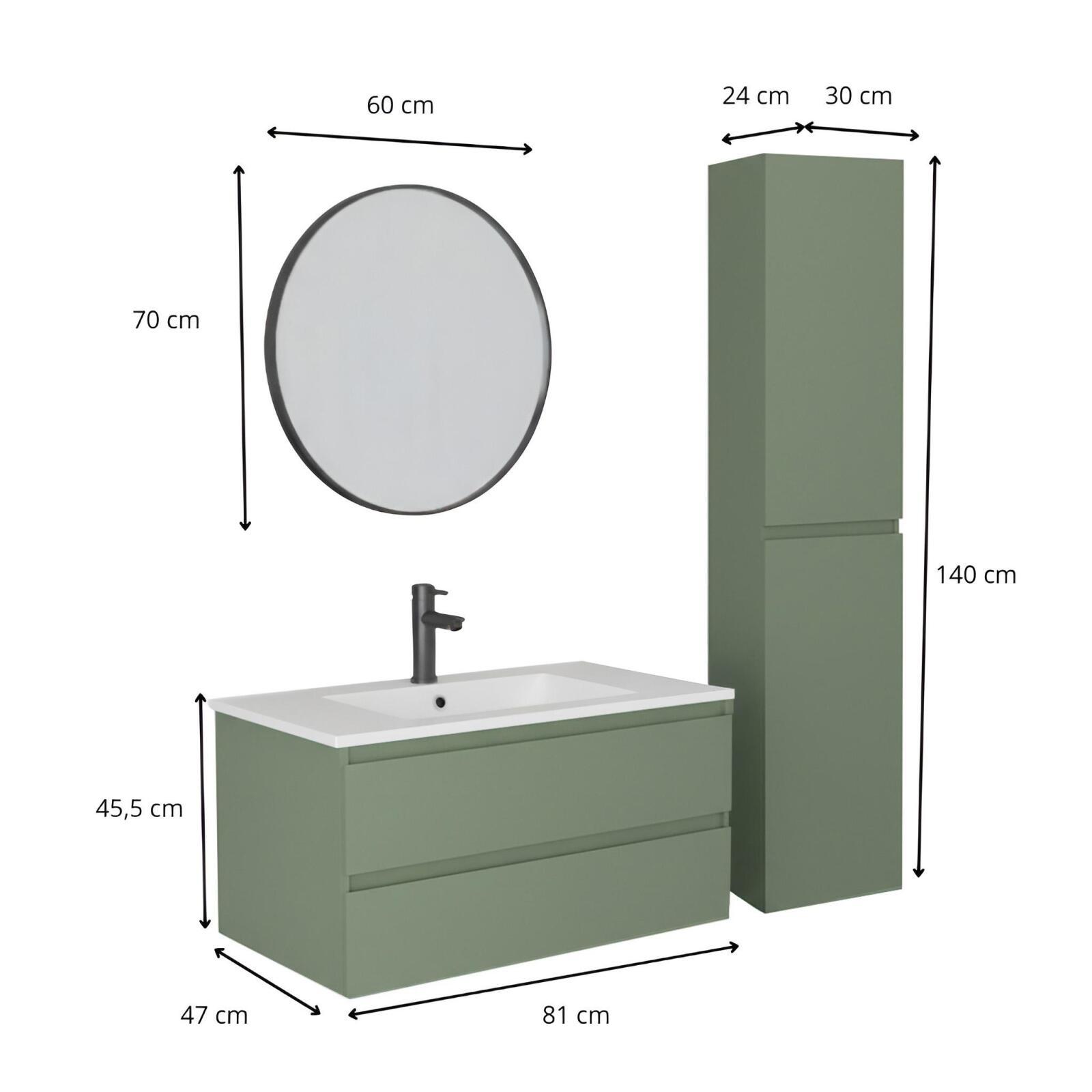 Ensemble meuble simple vasque 80cm avec plan céramique, robinet, miroir et colonne