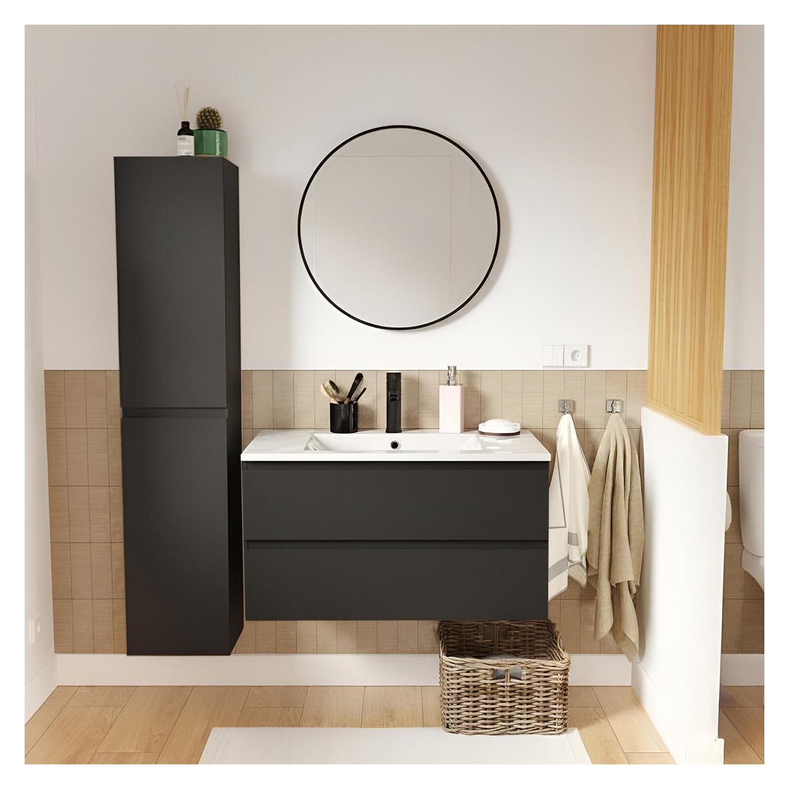 Ensemble meuble simple vasque 80cm avec plan céramique, robinet, miroir et colonne