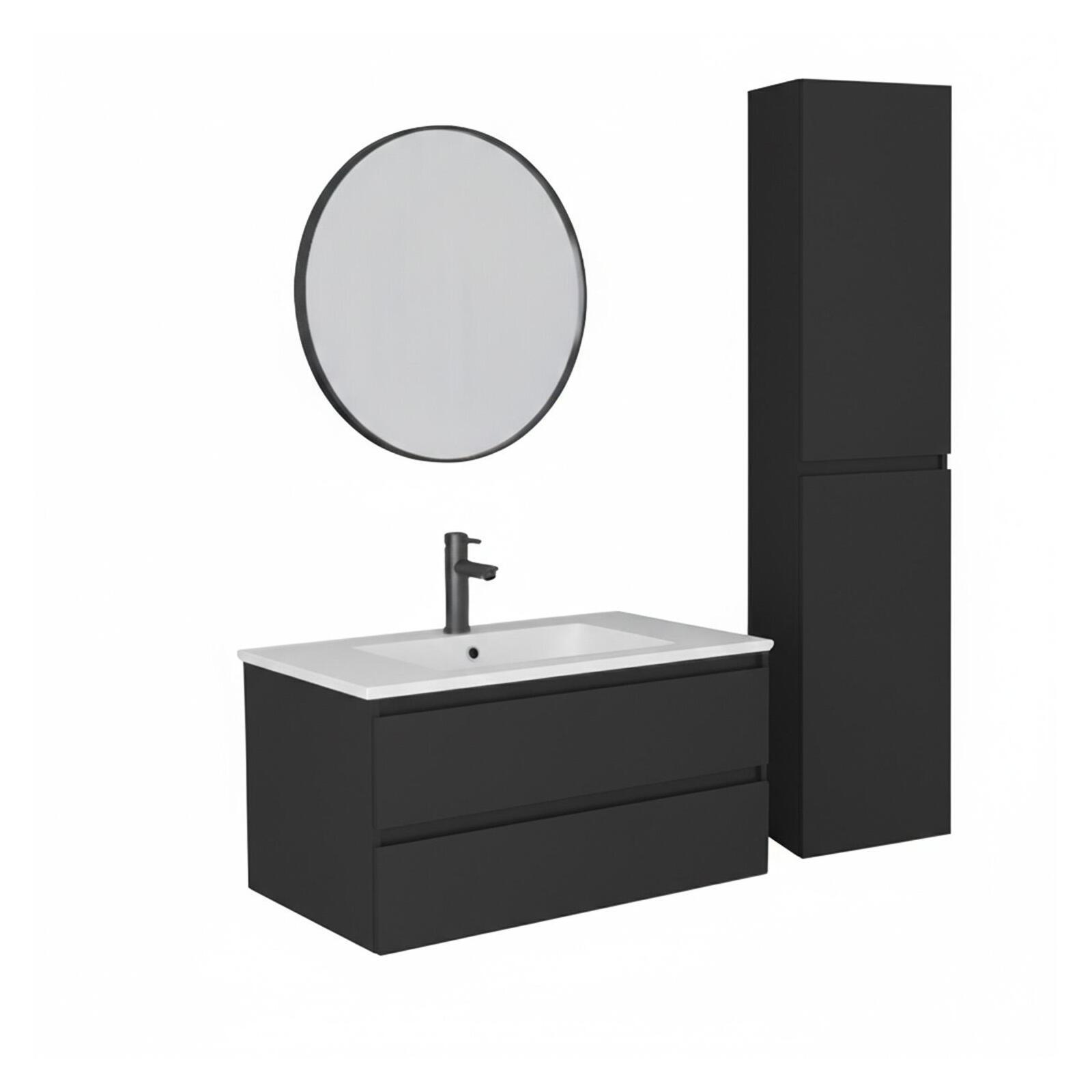 Ensemble meuble simple vasque 80cm avec plan céramique, robinet, miroir et colonne
