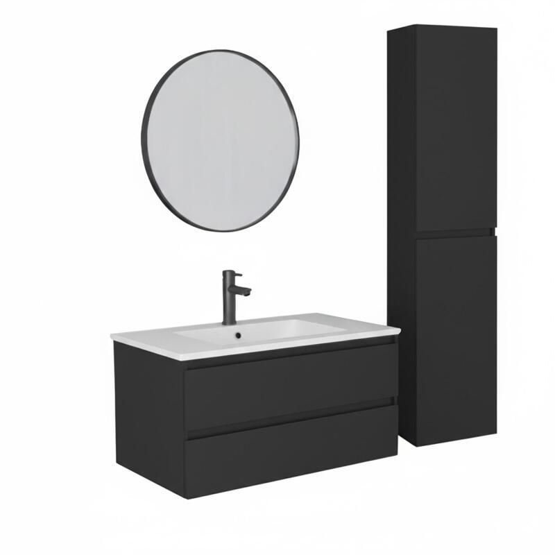 Ensemble meuble simple vasque 80cm avec plan céramique, robinet, miroir et colonne