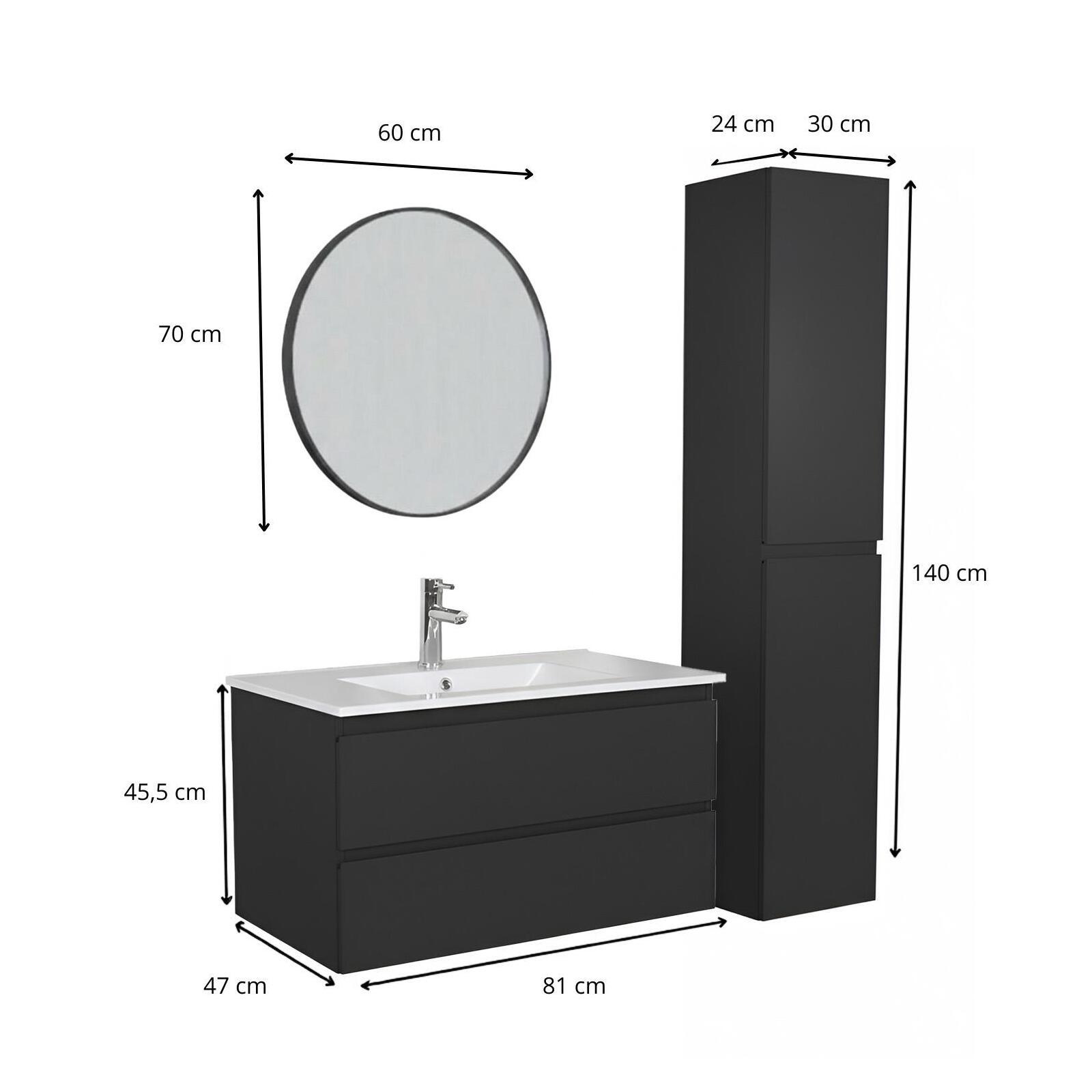 Ensemble meuble simple vasque 80cm avec plan céramique, robinet, miroir et colonne