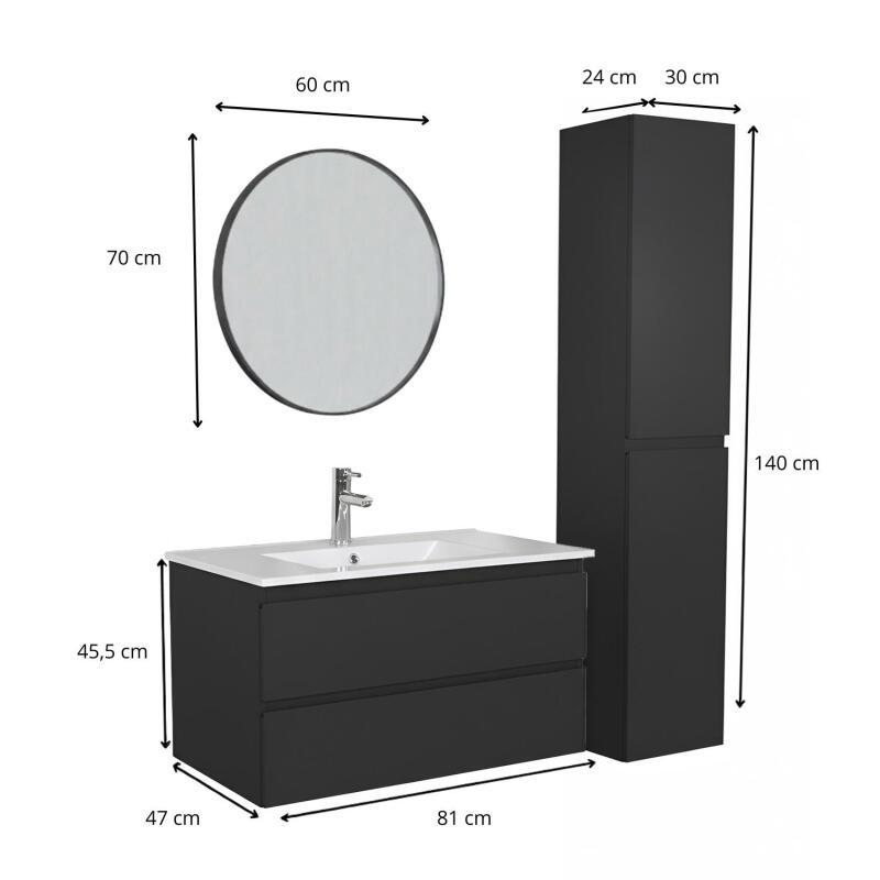 Ensemble meuble simple vasque 80cm avec plan céramique, robinet, miroir et colonne