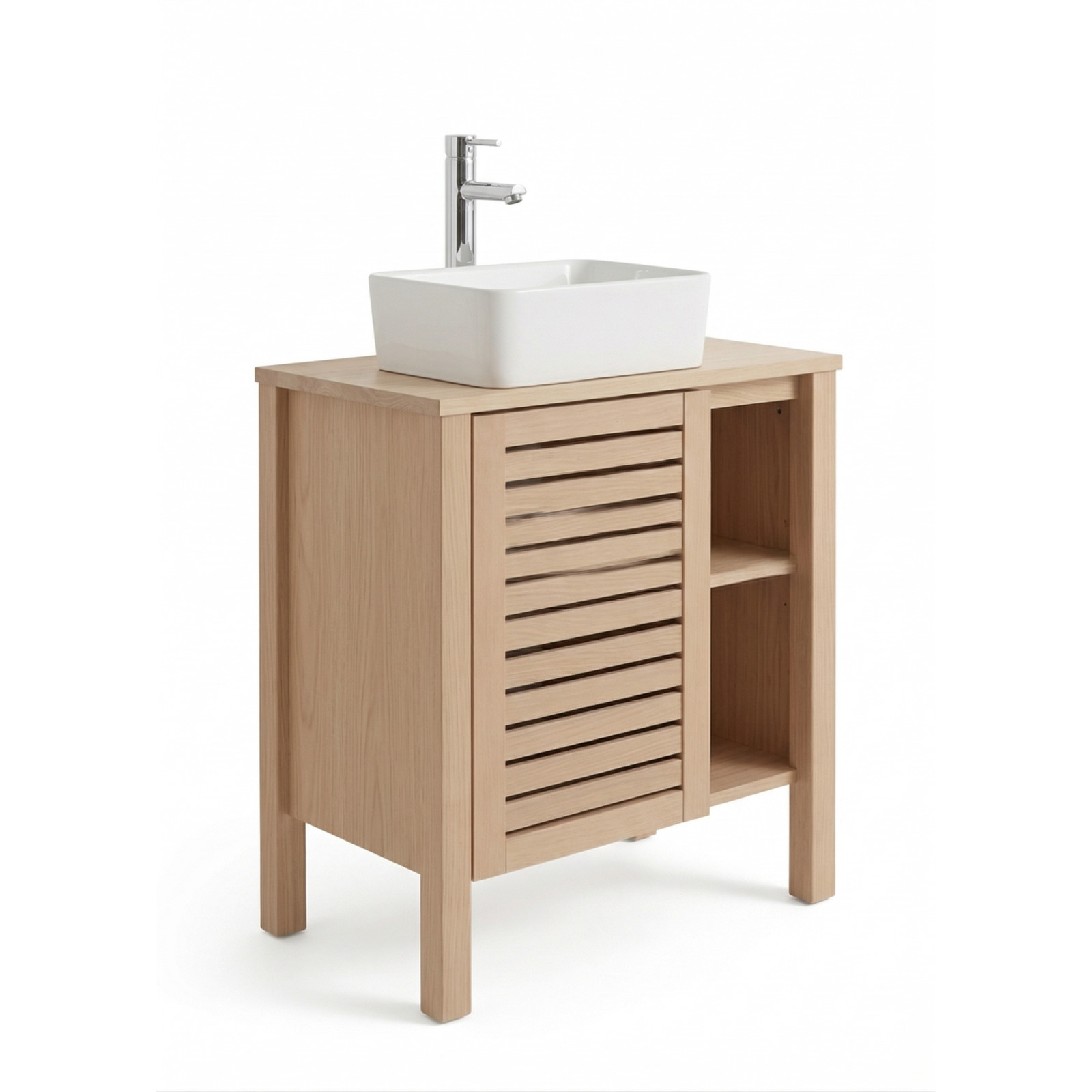 Ensemble simple vasque 60cm chêne avec vasque et robinet chromé