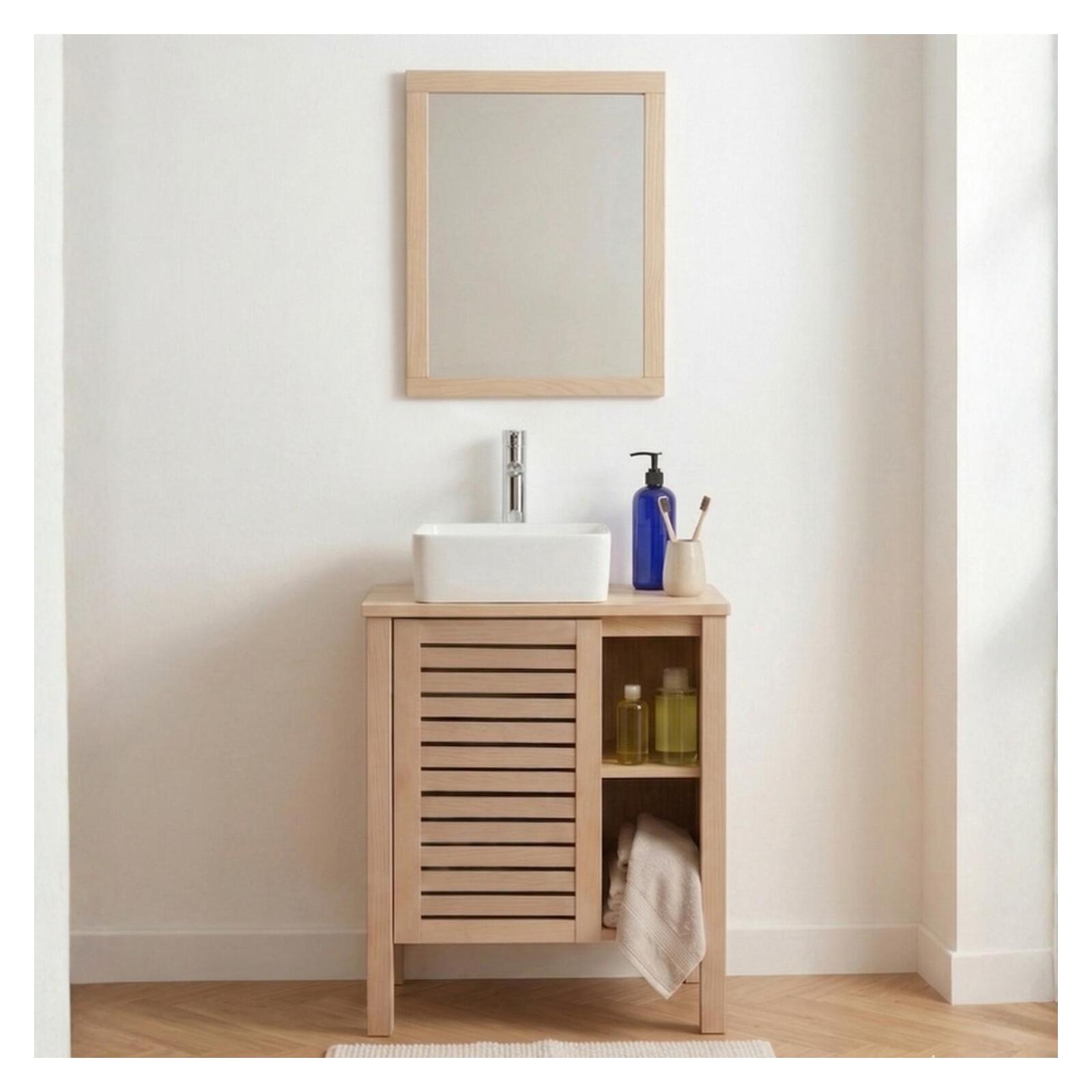 Ensemble simple vasque 60cm chêne avec vasque, robinet et miroir