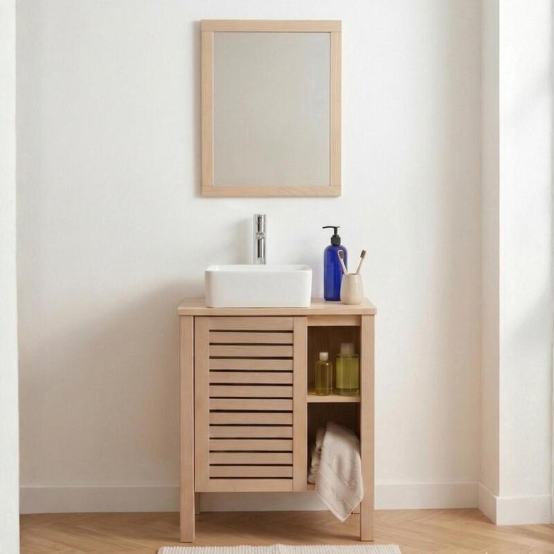 Ensemble simple vasque 60cm chêne avec vasque, robinet et miroir