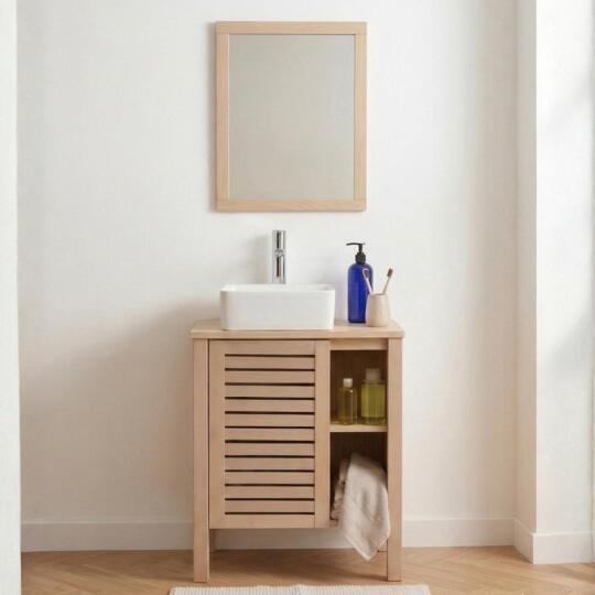 Ensemble simple vasque 60cm chêne avec vasque, robinet et miroir