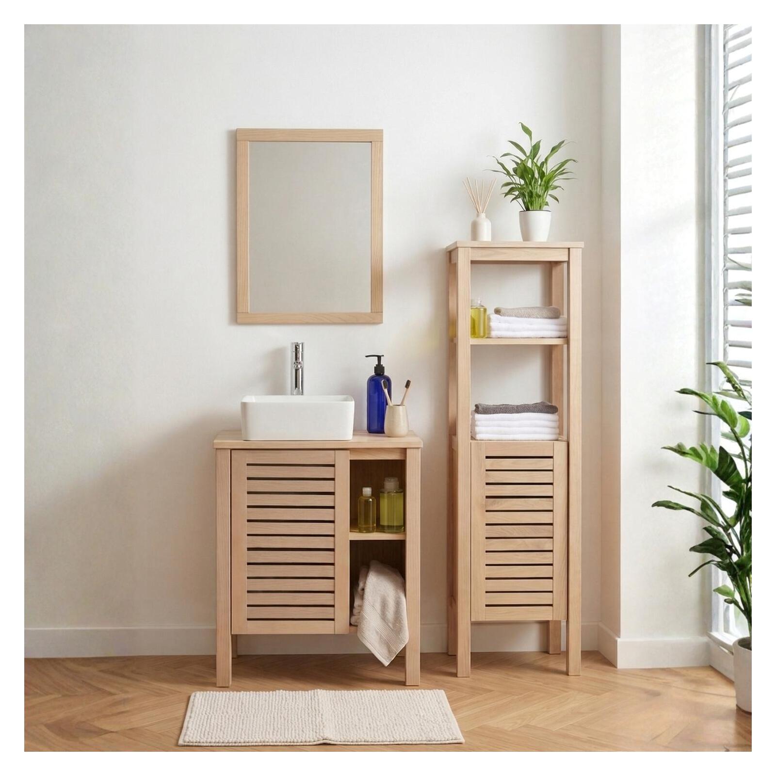 Ensemble simple vasque 60cm chêne avec vasque, robinet, miroir et colonne
