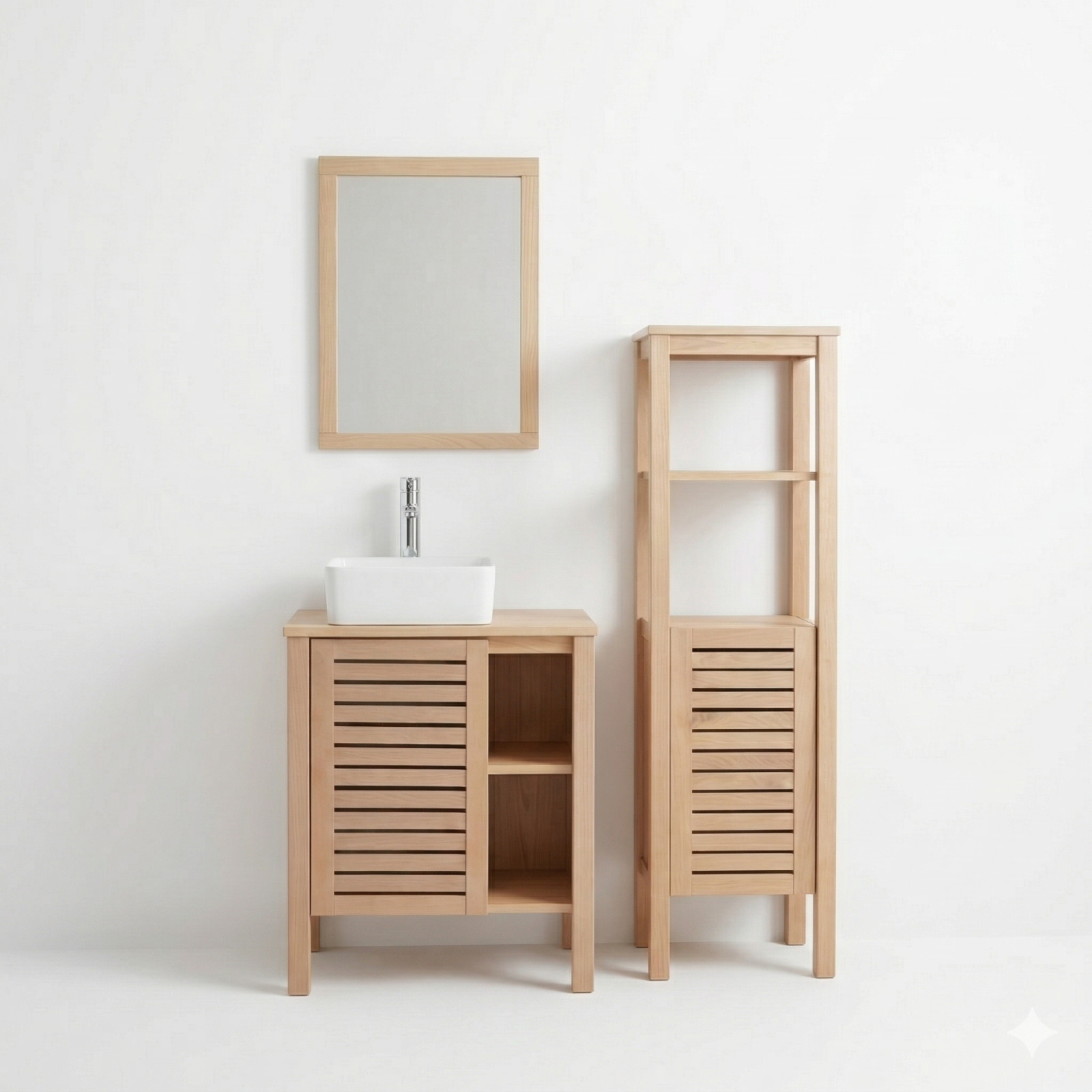 Ensemble simple vasque 60cm chêne avec vasque, robinet, miroir et colonne