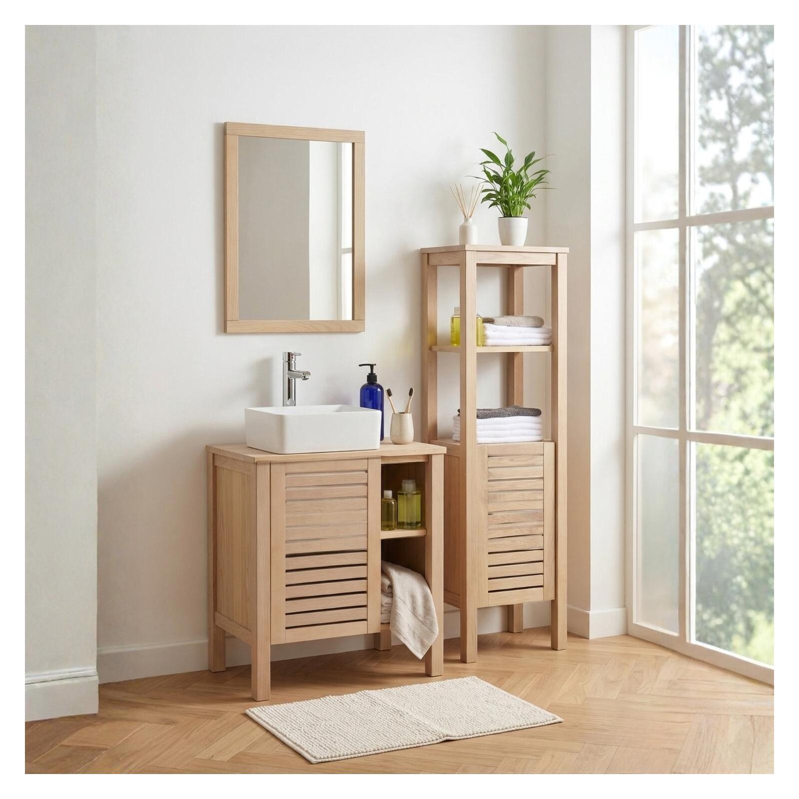 Ensemble simple vasque 60cm chêne avec vasque, robinet, miroir et colonne