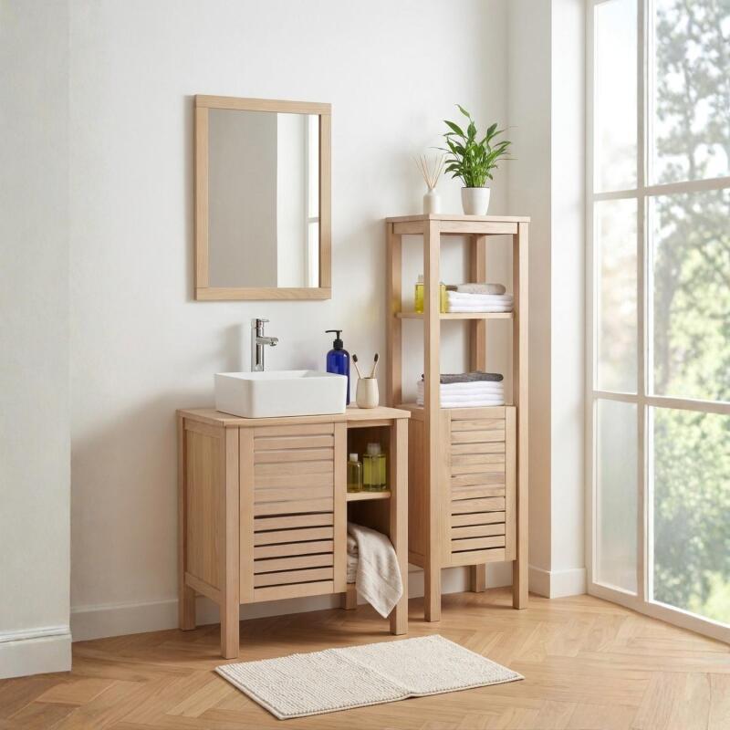 Ensemble simple vasque 60cm chêne avec vasque, robinet, miroir et colonne