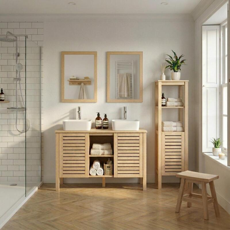 Ensemble simple vasque 90cm chêne avec vasque et robinet chromé