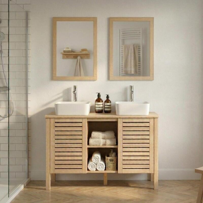 Ensemble simple vasque 90cm chêne avec vasque, robinet et miroir