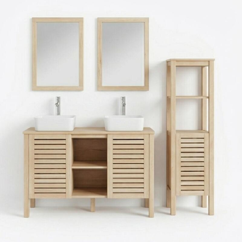 Ensemble simple vasque 90cm chêne avec vasque, robinet, miroir et colonne