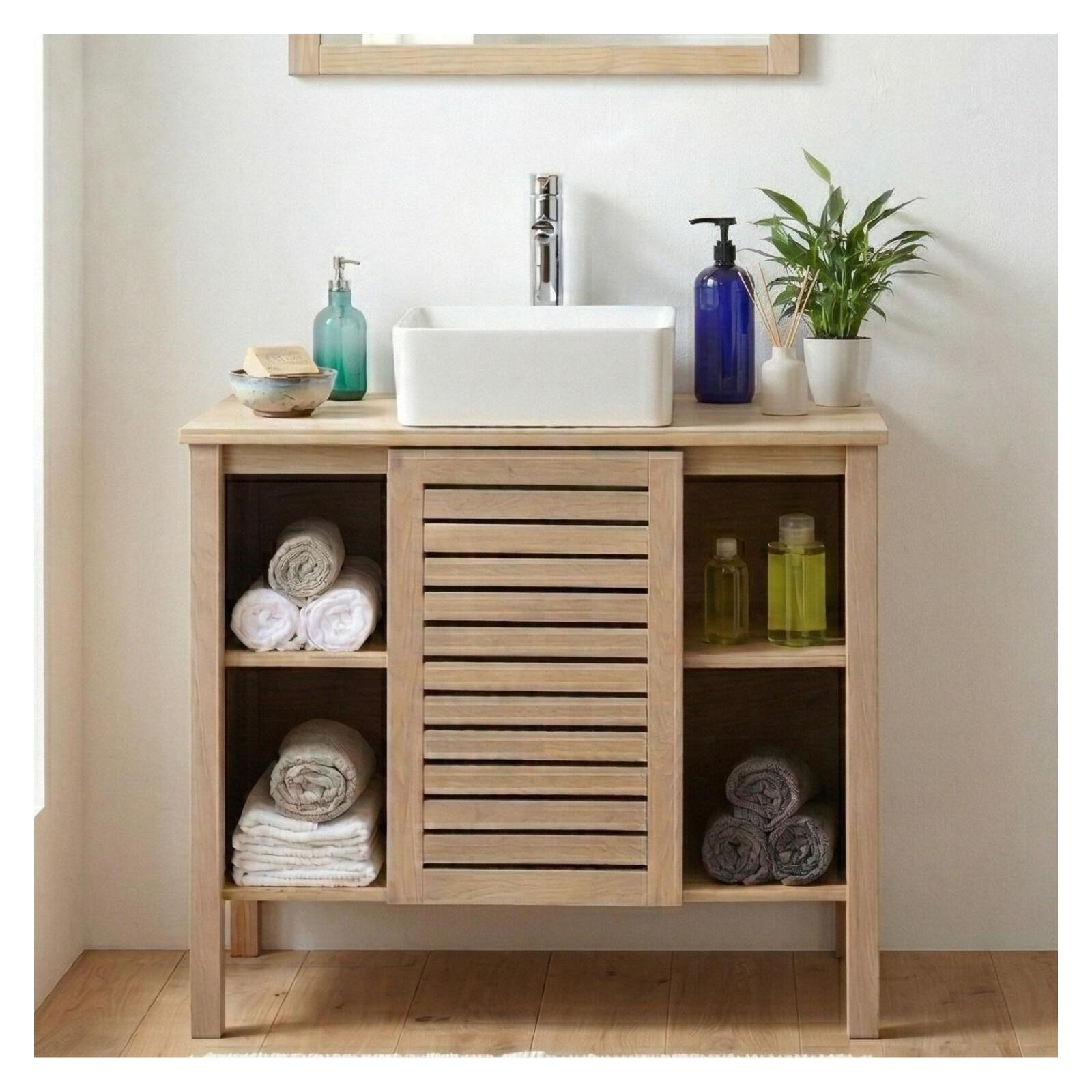 Ensemble simple vasque 90cm chêne avec vasque et robinet chromé