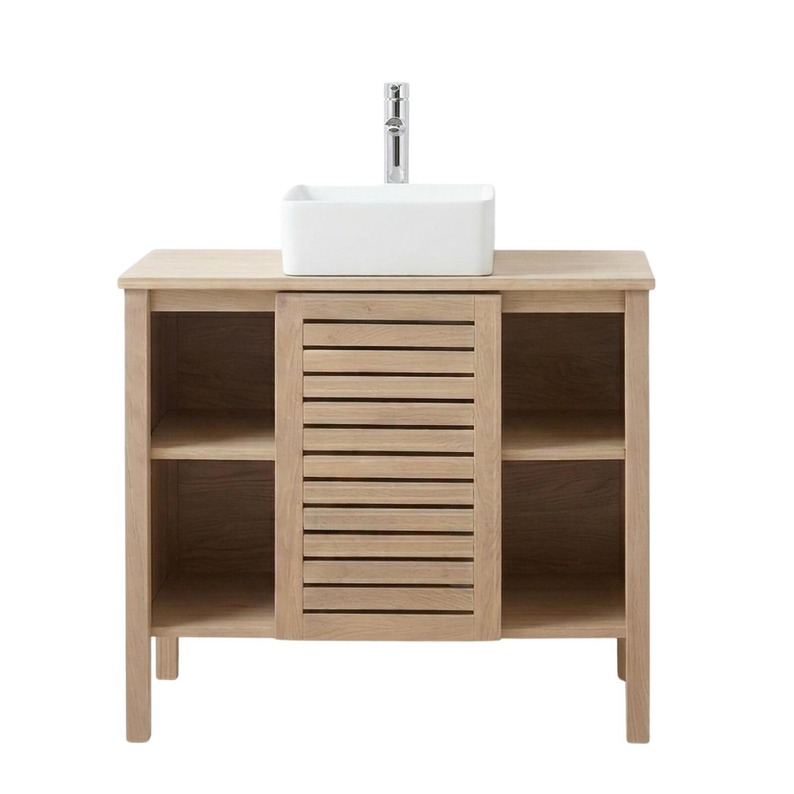 Ensemble simple vasque 90cm chêne avec vasque et robinet chromé