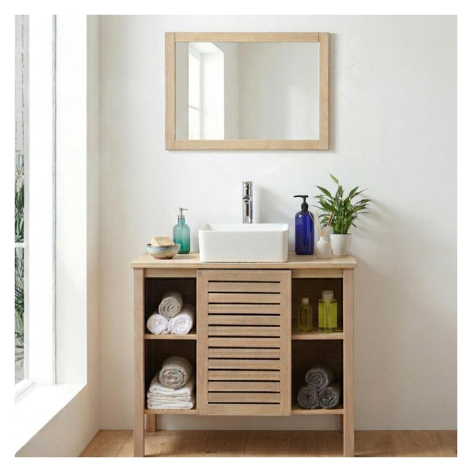 Ensemble simple vasque 90cm chêne avec vasque, robinet et miroir