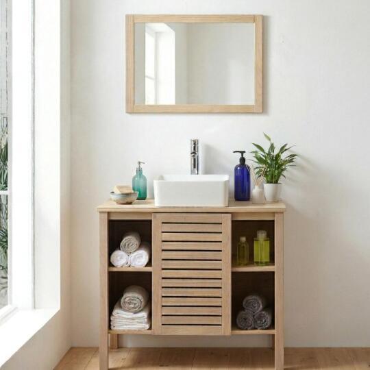 Ensemble simple vasque 90cm chêne avec vasque, robinet et miroir