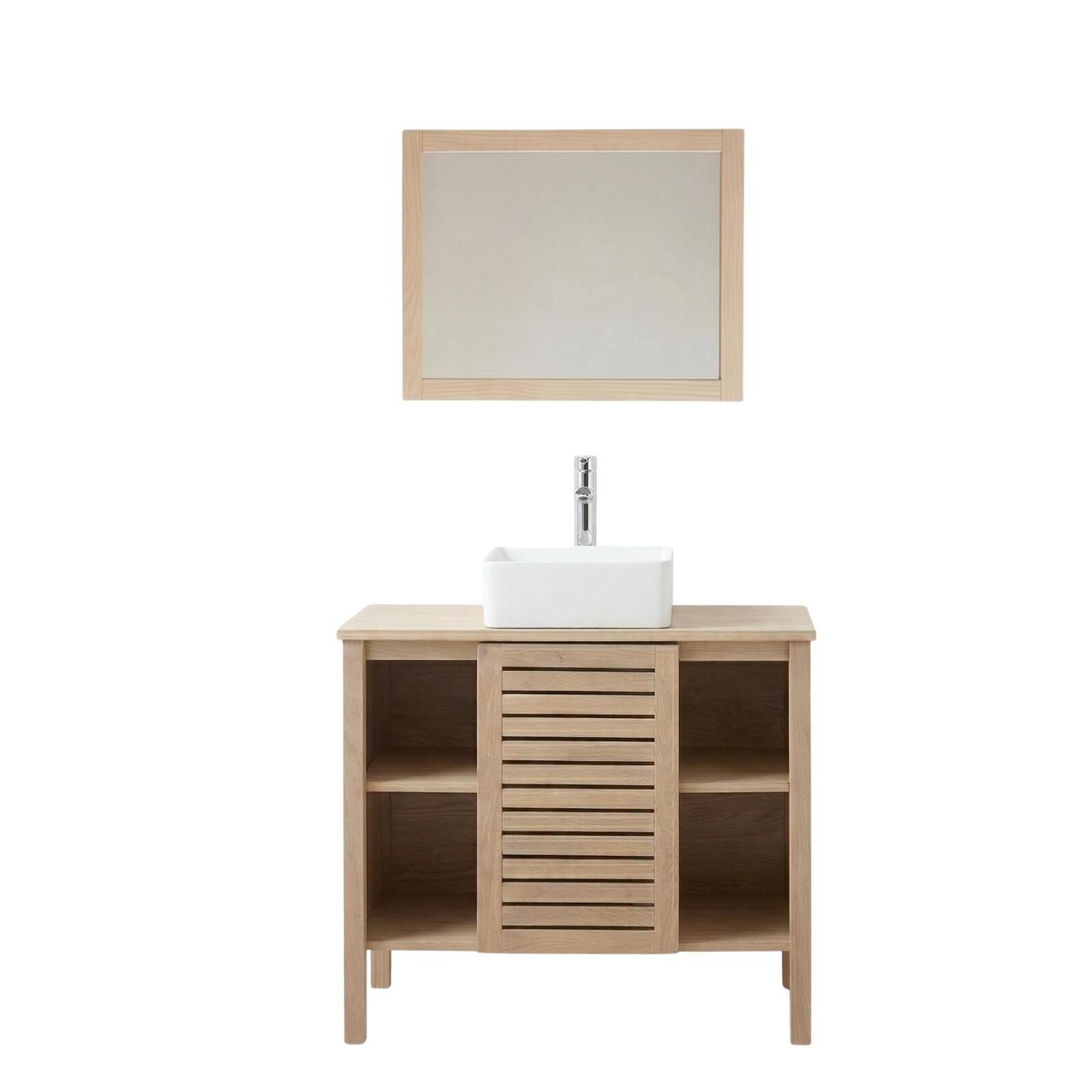 Ensemble simple vasque 90cm chêne avec vasque, robinet et miroir