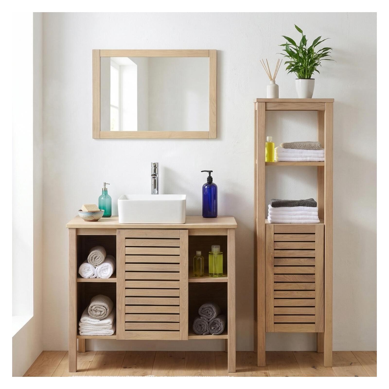 Ensemble simple vasque 90cm chêne avec vasque, robinet, miroir et colonne