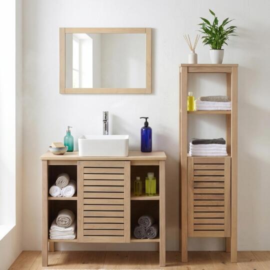 Ensemble simple vasque 90cm chêne avec vasque, robinet, miroir et colonne