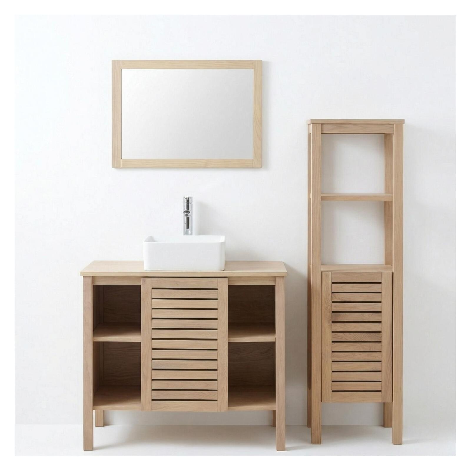 Ensemble simple vasque 90cm chêne avec vasque, robinet, miroir et colonne