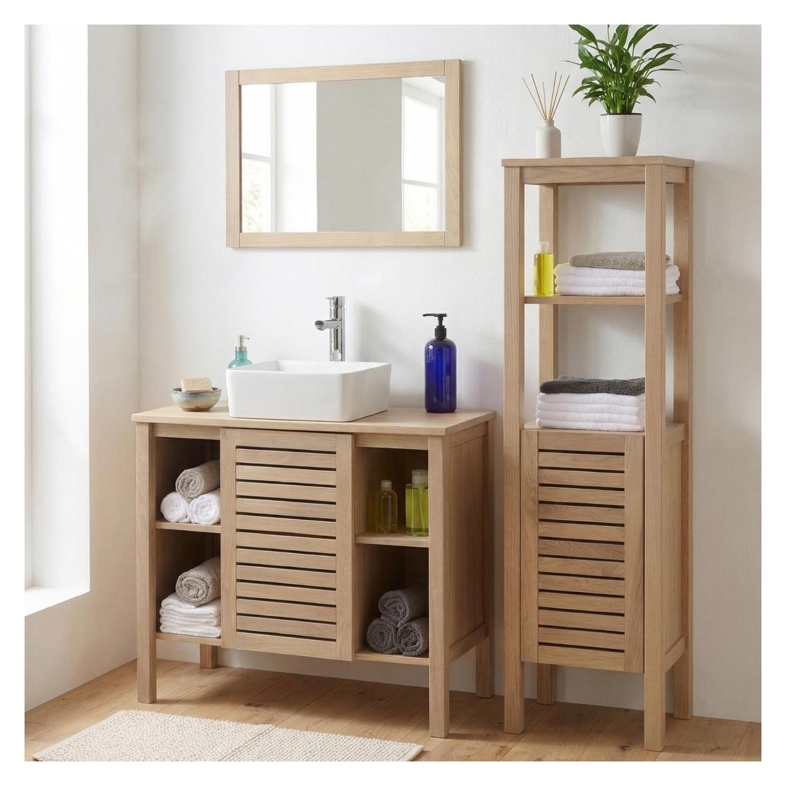 Ensemble simple vasque 90cm chêne avec vasque, robinet, miroir et colonne