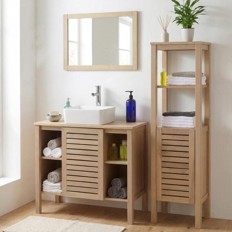 Ensemble simple vasque 90cm chêne avec vasque, robinet, miroir et colonne