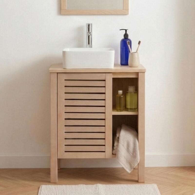 Ensemble simple vasque 60cm chêne avec vasque céramique carrée