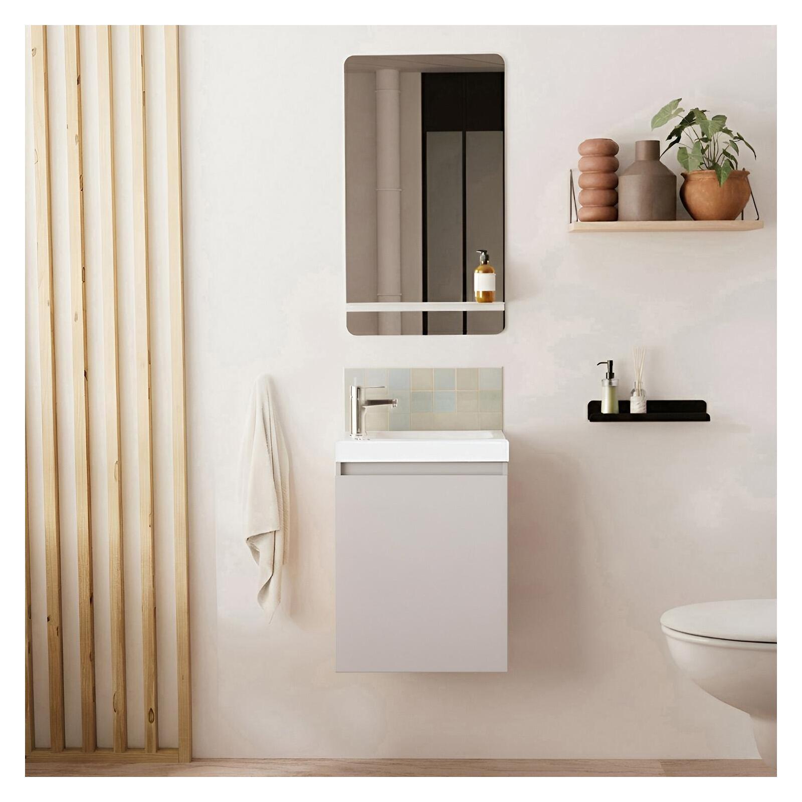 Ensemble lave-mains suspendu avec robinet chromé et miroir tablette