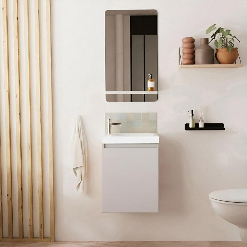 Ensemble lave-mains suspendu avec robinet chromé et miroir tablette