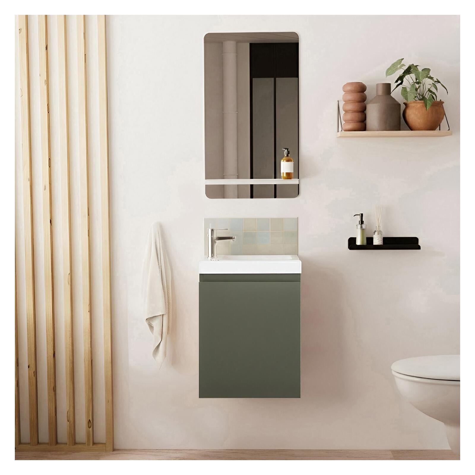 Ensemble lave-mains suspendu avec robinet chromé et miroir tablette