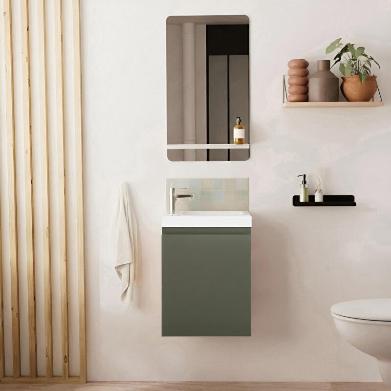 Ensemble lave-mains suspendu avec robinet chromé et miroir tablette