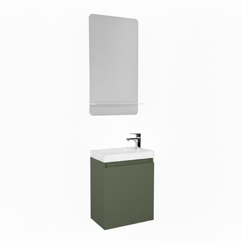 Ensemble lave-mains suspendu avec robinet chromé et miroir tablette