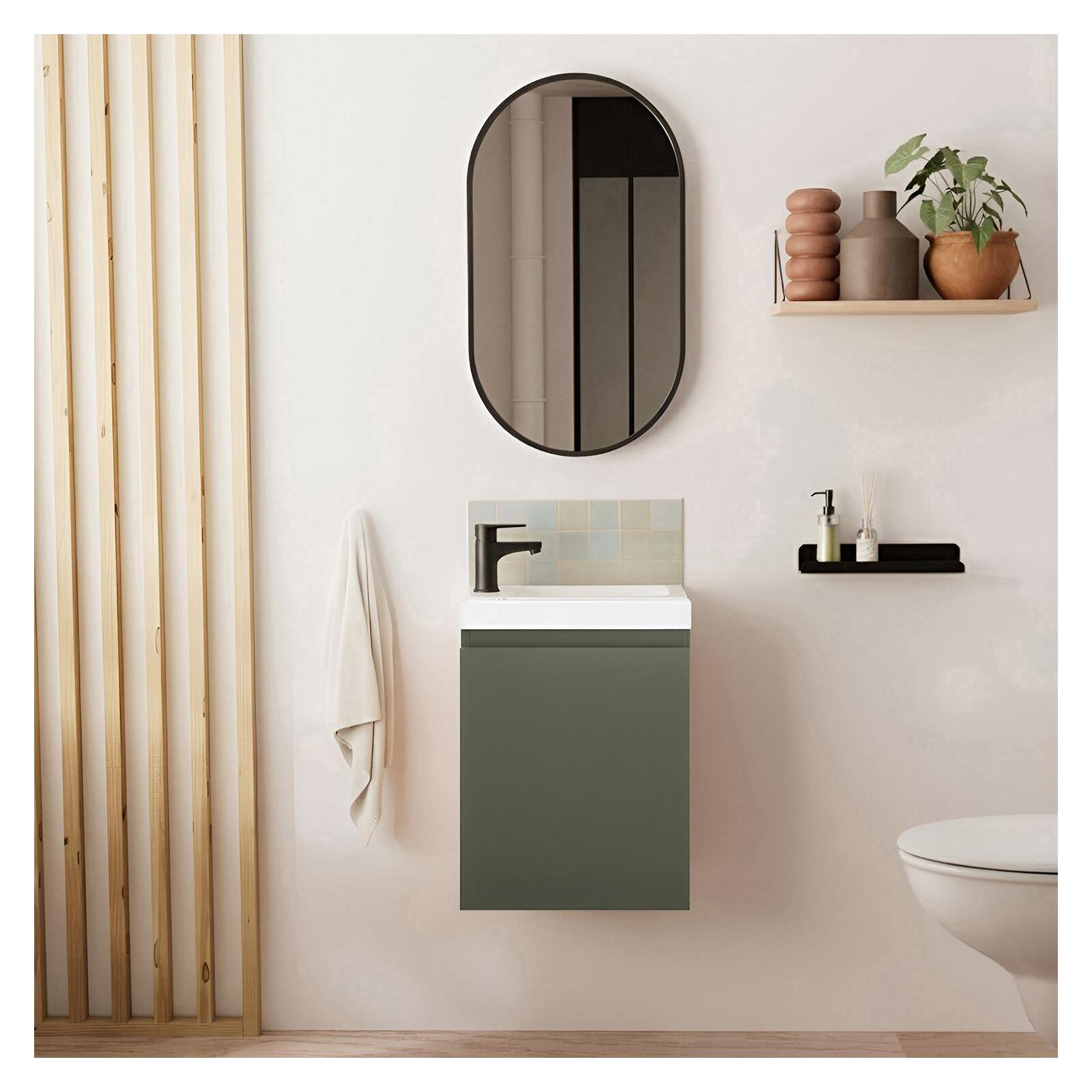 Ensemble lave-mains suspendu avec robinet noir et miroir ovale