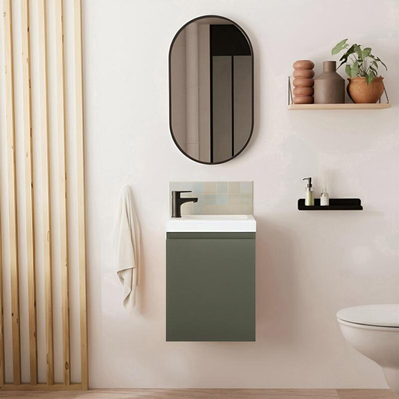 Ensemble lave-mains suspendu avec robinet noir et miroir ovale