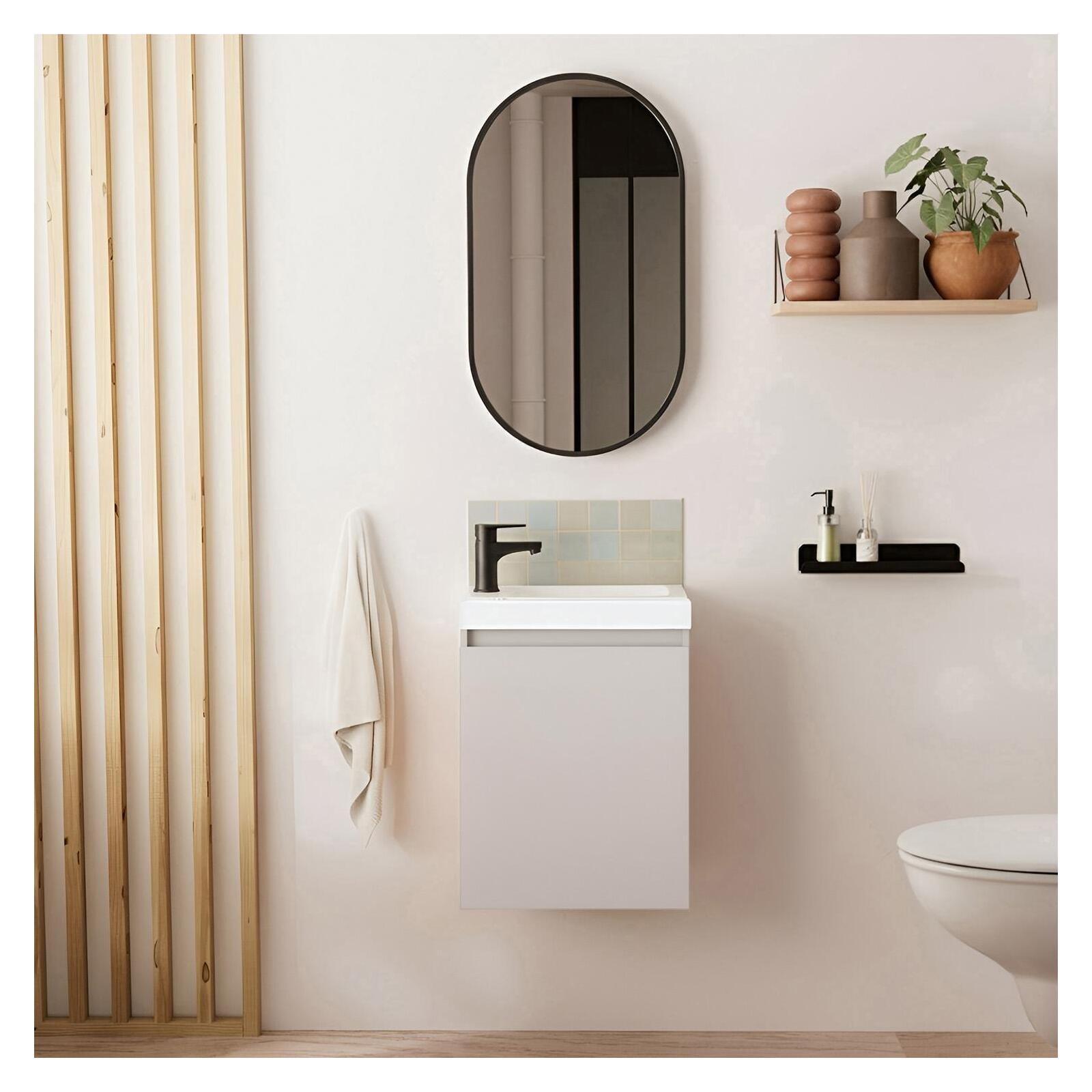 Ensemble lave-mains suspendu avec robinet noir et miroir ovale