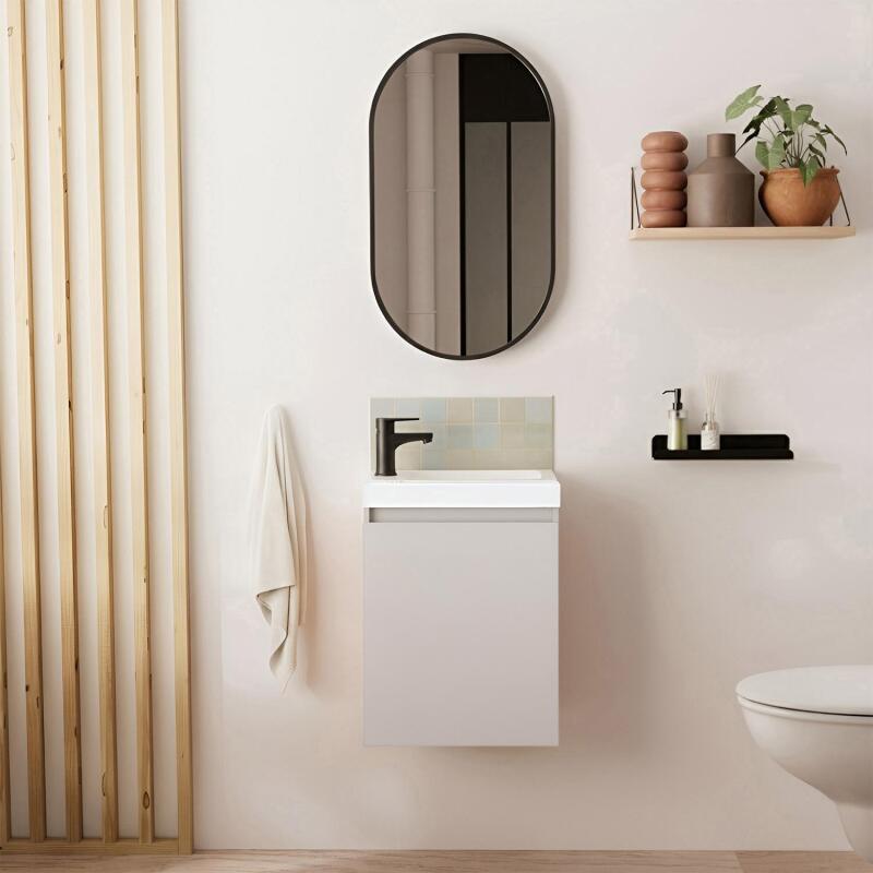 Ensemble lave-mains suspendu avec robinet noir et miroir ovale
