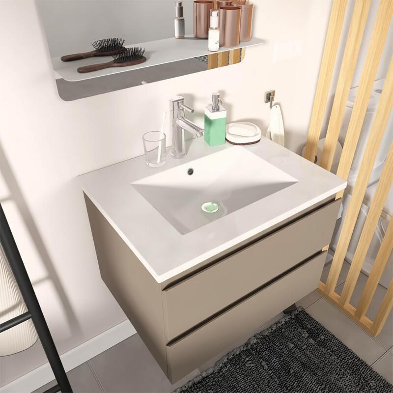 Ensemble simple vasque 60cm avec plan céramique et robinet chromé