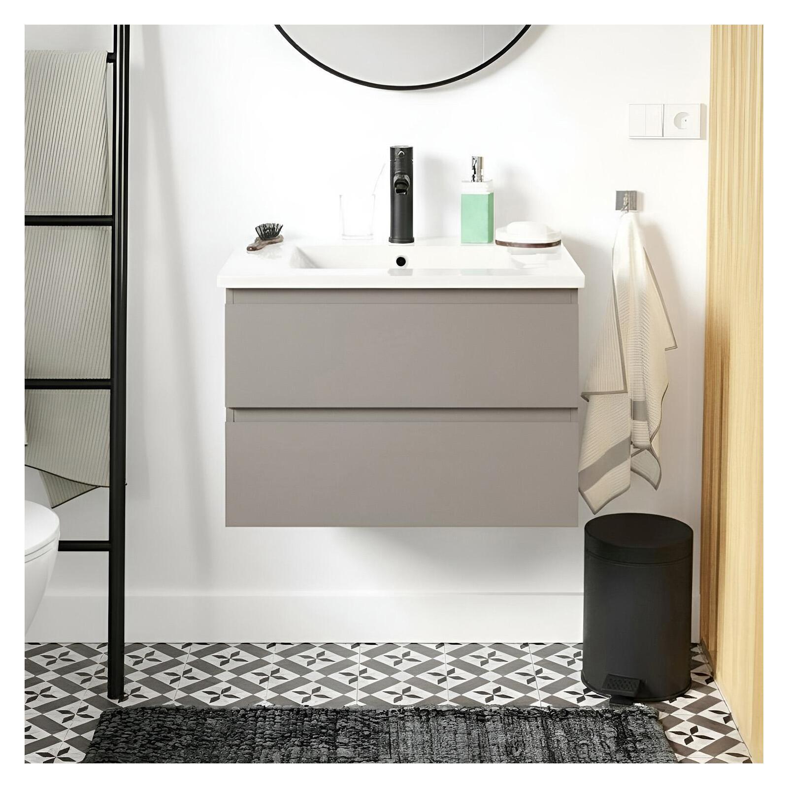 Ensemble simple vasque 60cm avec plan céramique et robinet noir